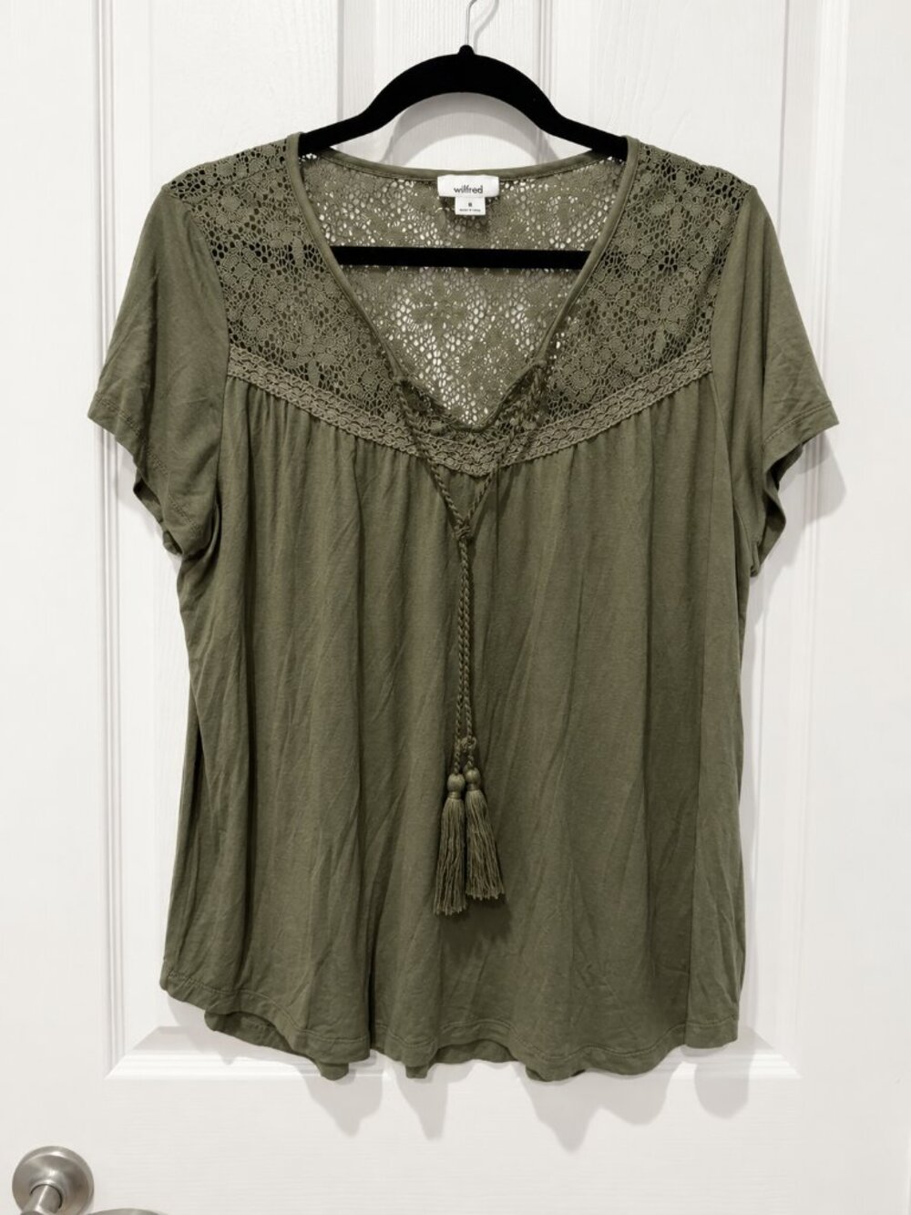 Olive + Oak Olive Green Lace Yoke Tassel Blouse Women’s Large Boho